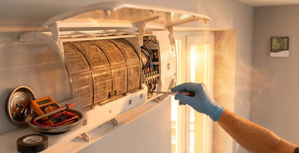 Technician inspecting an air conditioner that is not cooling in Pretoria