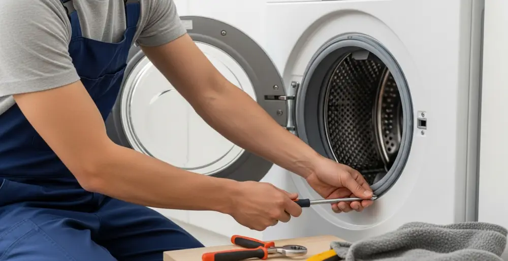 Washing machine repair technician fixing front loader at home
