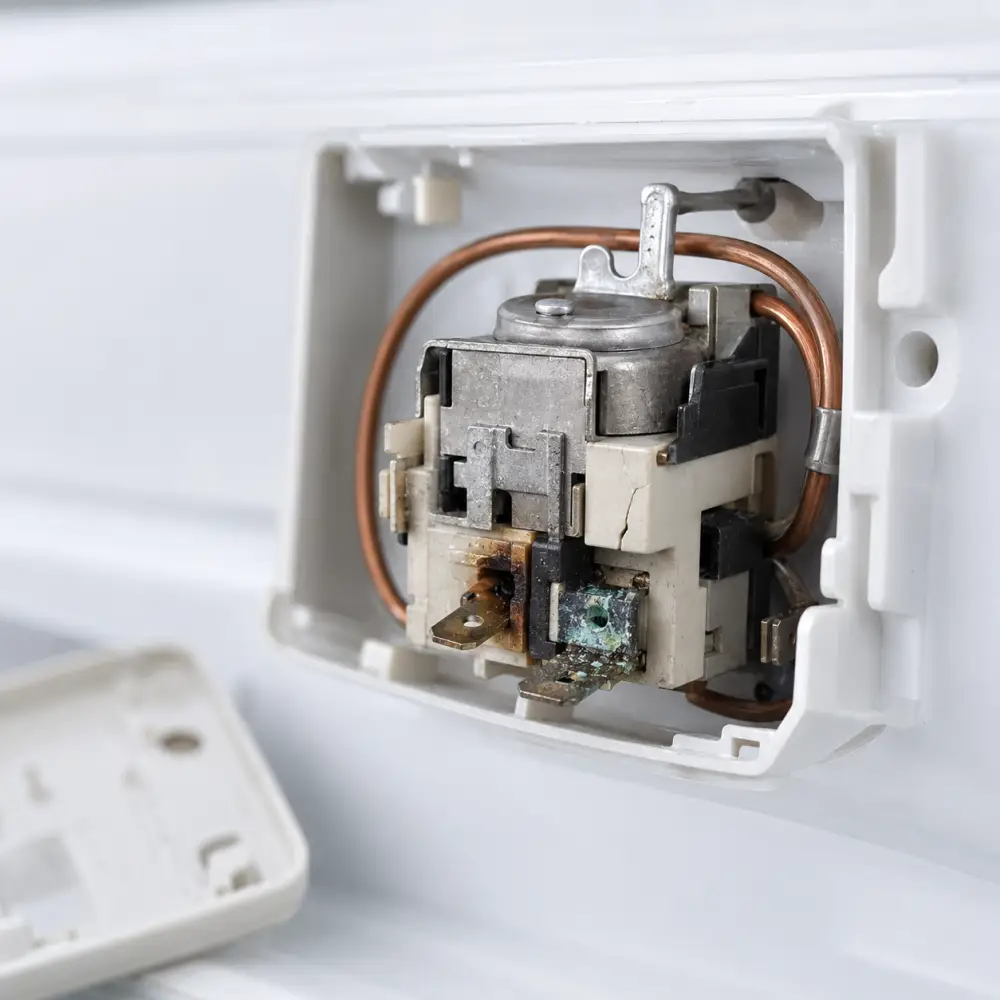close-up of faulty refrigerator thermostat assembly close-up of faulty refrigerator thermostat assembly